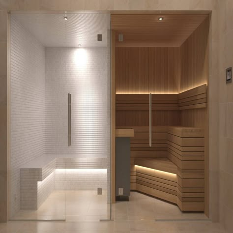 Here you will find photos of interior design ideas. Get inspired! Sauna And Steam Room Design, Indoor Steam Room, Steam Room Interior Design, Small Sauna House, Bathroom With Steam Room, Shower And Sauna Combo, Sauna House Interior, Steam Bathroom Ideas, Bathroom With Sauna Ideas