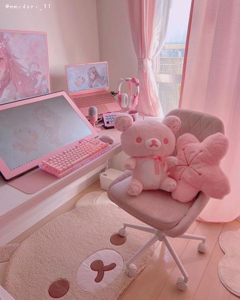 Miido Channel 🌸 (@mmidori_31) • Instagram photos and videos Sakura Rilakkuma, Small Microphone, Questions About Me, Dream Setup, Artist Workspace, Small Game Rooms, Pink Games, Pink Desk, Pink Curtains