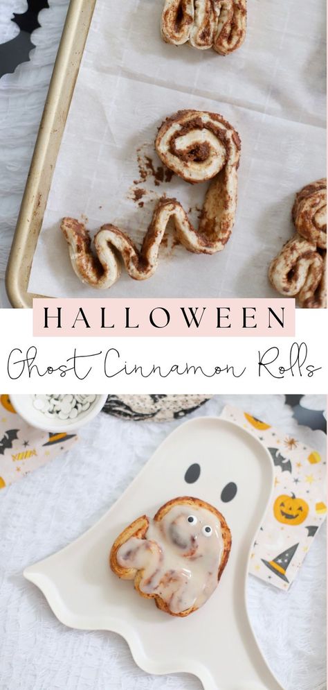 Halloween Breakfast Food, Breakfast Cinnamon Rolls, Spooky Breakfast, Oreo Macaron, Ghosts For Halloween, Halloween Morning, Candy Corn Recipe, Breakfast Cinnamon, Homemade Twix Bars