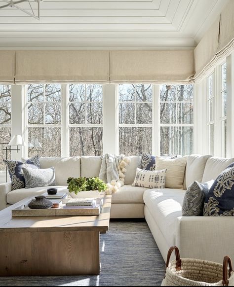 Midwestern Home, Cozy Sunroom, Four Seasons Room, Sunroom Furniture, Three Season Room, Deep Sofa, Sunroom Decorating, Sunroom Designs, Custom Coffee Table