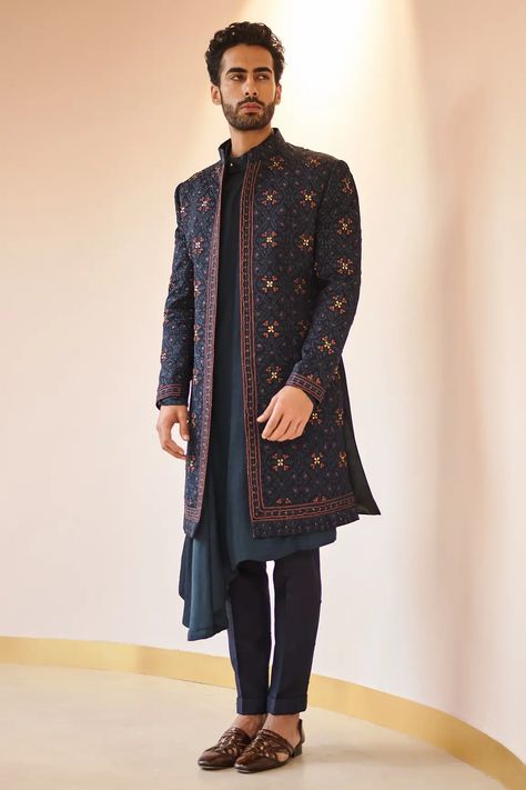 Shop for Jatin Malik Blue Satin Kashmiri Jamawar Jacket And Kurta Set for Men Online at Aza Fashions Jatin Malik, Indian Wedding Clothes For Men, Nehru Jacket For Men, Indo Western Sherwani, Sherwani For Men Wedding, Wedding Kurta For Men, Blue Kurta, Sherwani For Men, Mens Kurta Designs