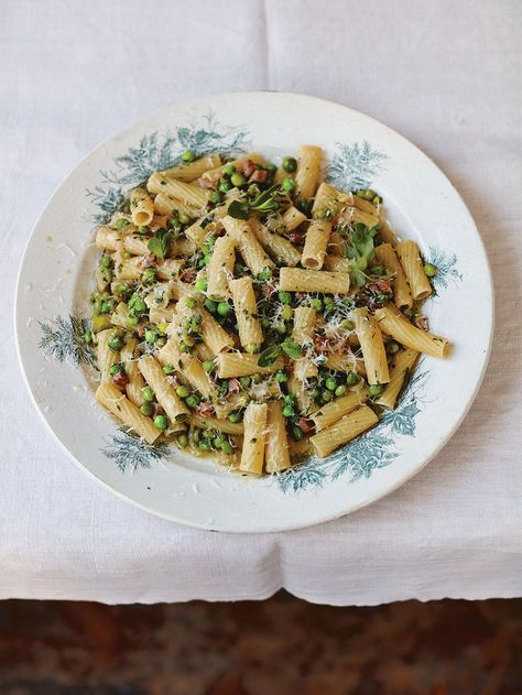 Tortiglioni pasta recipe | Jamie Oliver pasta recipes Jamie Oliver Pasta, Pancetta Pasta, Italian Pasta Dishes, Jamie Oliver Recipes, Easy Italian, Risotto Recipes, Lemon Mint, Sweet Peas, Easy Pasta Recipes