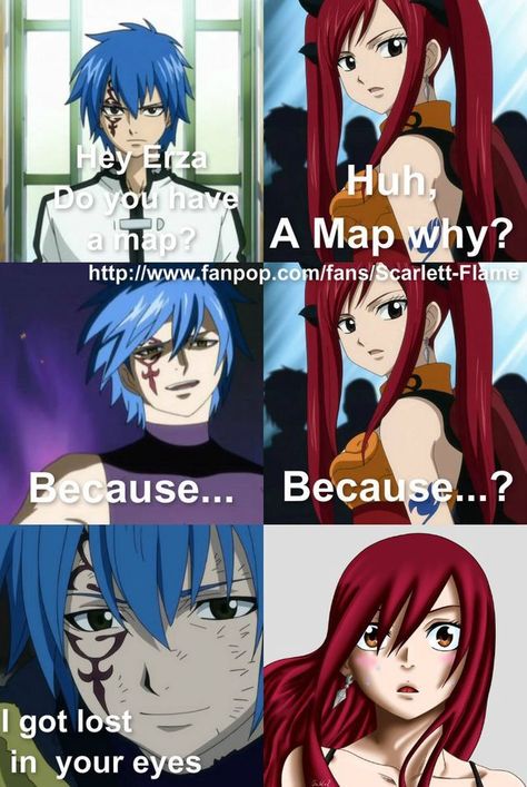 Highest Rank #44 in Fanfiction 10/29/16 This is for all the fairy tail fans out there GaLe, Nalu, Jerza, Gruvia Comi... Anime Pick Up Lines, Erza Et Jellal, Fairy Tail Meme, Fairy Tail Quotes, Jellal And Erza, Fairy Tail Funny, Adorable Anime, Fairy Tail Family, Fariy Tail