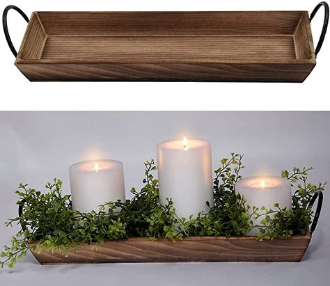 Candle Centerpieces Rectangle Table, Coffee Table Candle Centerpiece, Table Centerpieces For Home Everyday, Candle Tray Ideas, Rectangle Dining Table Decor, Dining Table Decor Centerpiece, Centerpiece For Dining Table, Rustic Wood Candle Holders, Christmas Dining Table Decor