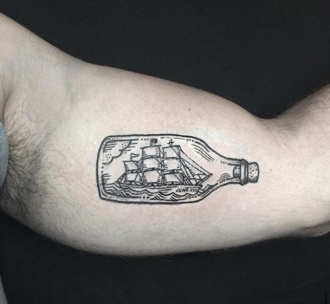 Ship In A Bottle Tattoo, In A Bottle Tattoo, Jar Of Dirt, Art Inspired Tattoos, Island Tattoo, Ink Link, Etching Tattoo, Small Chest Tattoos, Ship In A Bottle