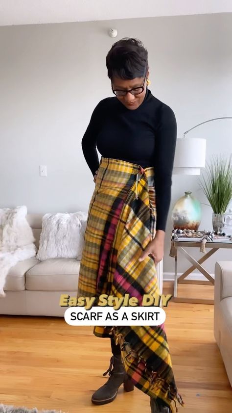 Scarf Into Skirt Diy, Blanket Skirt Diy, Scarf To Skirt Diy, Skirt From Scarf, Scarf Skirt Wrap Diy, Scarf As A Skirt, Scarf Tips, Blanket Scarf Outfit, Blanket Skirt