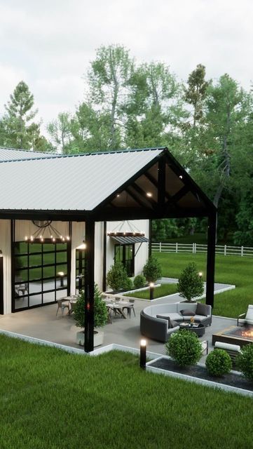 Family Compound Barndominium, Barndominium Side Porch, Barndominium With Deck, Barndominium Landscape Ideas, Barndominium In The Woods, Barndominium Pool Ideas, Barndominium Backyard, Barndominium Patio Ideas, Barndominium Back Porch Ideas