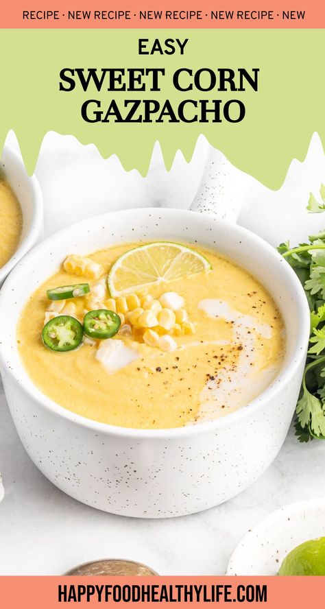 Looking for a tasty and healthy summer recipe? Try making sweet corn gazpacho! It's creamy, refreshing, and doesn't need any cooking! A great option if you're on a budget or looking for vegan meals. This cold dish is easy to make and perfect for serving a crowd in the hot weather. Check out this satisfying vegan dinner idea that will surely fill you up while keeping you cool - it's like a soup that nourishes your soul with every spoonful! Corn Gazpacho, Easy Oven Dinners, Summer Entrees, Vegan Potato Soup, Light Summer Meals, Gazpacho Recipe, Chilled Soup, It's Too Hot, Vegan Soup Recipes