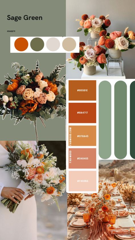 Late Winter Wedding Colors, October Wedding Palette, Wedding Color Schemes Orange, Green And Orange Wedding, Fall Wedding Themes, Orange Wedding Color Palette, Apricot Wedding, Autumn Wedding Decor, Wedding Portugal