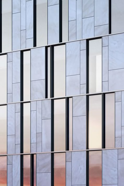 Limestone, glass and steel curtain wall facade detail at One Vandam in NYC by BKSK Architects. Innovative Facade Design, Facade Pattern, Hotel Facade, Facade Material, Facade Cladding, Stone Facade, Haikou, Curtain Wall, Sopot