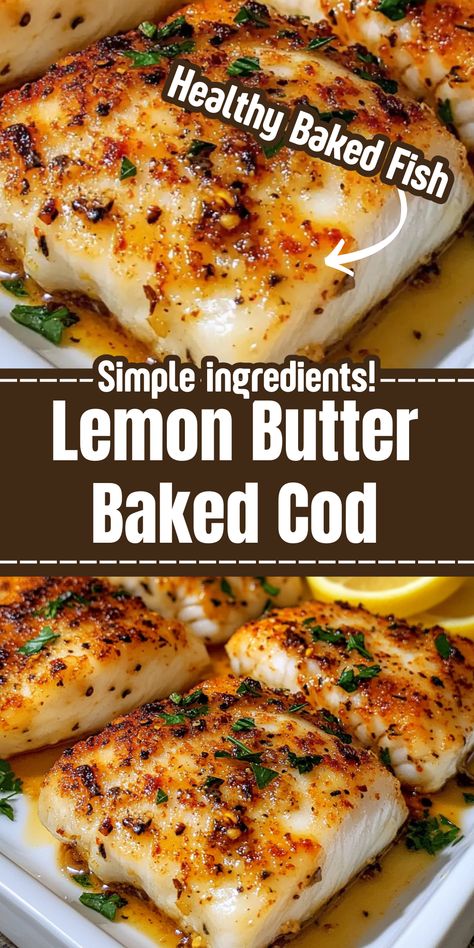 This Lemon Butter Baked Cod recipe is the perfect healthy and easy-to-make dish for seafood lovers! With a flavorful lemon butter sauce, this baked cod fish recipe is both delicious and nutritious. It's an ideal option for those looking for a light and satisfying meal. Perfectly cooked in the oven, this simple cod recipe is not only quick to prepare but also packed with flavor. Whether you're a seasoned cook or a beginner, this is one of the best cod fish recipes you can try. Great for a healthy dinner or special occasion! Low Carb Meals Fish, Bariatric Cod Recipe, Cod Packets Oven, Best Way To Cook Fish, Cod Lunch Recipes, Baked Fish And Vegetables, Cooking Cod In The Oven, Lemon Butter Baked Cod Recipes Oven, Cooking Cod Fish Easy Recipes