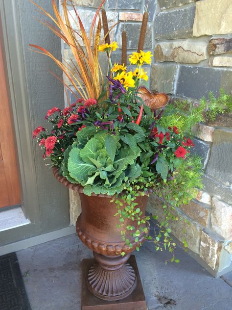 Unique fall plantings by Kelly's Girls Design Mother Fern, Winter Porch Pots, Winter Planter Ideas, Porch Planter Ideas, Fall Flower Pots, Porch Planter, Fall Pots, Porch Fall Decor, Porch Pots