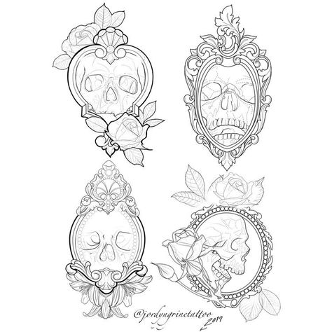 Skull Mirror Tattoo, Skull Tattoo Sleeve, Small Skull Tattoo, Skull Tattoo Designs, Skull Tattoo Flowers, Mirror Tattoos, Filigree Tattoo, Framed Tattoo, Sugar Skull Tattoos