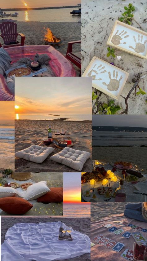 beach sunset with drinks and snacks and a sunset on a picnic blanket Beach Picnic Date, Picnic At The Beach, Beach Date, Picnic Date, Beach Picnic, At The Beach, The Beach, How To Plan