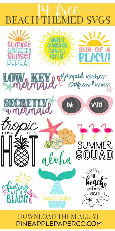 Free Aloha SVG for Cricut and Silhouette Machines PLUS 13 More FREE Beach SVG Files for Beach Shirts, Signs, and Summer Crafts by Pineapple Paper Co. #cricut #cricutmade #silhouette #silhouettecameo #diyshirt #beachshirt #aloha #svgfiles #freesvg #totallyfreesvg Beach Bag Ideas Vinyl, To Do Planner, Beach Svg, Free Svgs, Projets Cricut, Cricut Projects Beginner, Mason Jar Crafts Diy, Cricut Designs, Free Beach