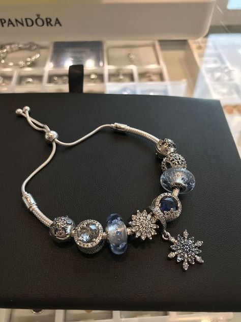 Elegant Pandora Bracelet, Pandora 2023 Charms, Silver Jewellery Pandora, Silver Bracelets Pandora, Blue And Silver Pandora Bracelet, Pandora Bracelet Aesthetic Blue, Blue Pandora Bracelet Ideas, Silver Pandora Bracelet Ideas, Charm Bracelet Pandora Ideas