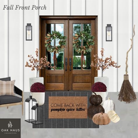 Fall Front Porch   I was so excited to start ordering and designing my front porch, that I put two designs together for you!   The mums you see here are real mums but you could always swap those for any fall colored plants. One of my favorite fall traditions is taking my girl to our local nursery and picking out beautiful mums! Excited to do that soon 🍂 Mums Front Porch, Fall Traditions, Modern Fall, Fall Front Porch, Fall Front, Fall Decorating, Fall Decorations, Pumpkin Spice Latte, Fall Wreaths