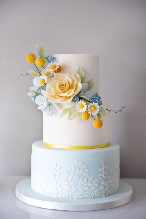 Blue White Wedding Cake, Wedding Cake Base, Yellow Wedding Cake, Fondant Wedding Cakes, Beautiful Cake Designs, Elegant Birthday Cakes, Cake Studio, Wedding Cakes Blue, Gorgeous Wedding Cake