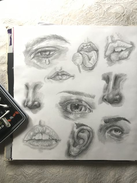 GCSE art - pencil sketches of facial features Gcse Art Pencil Drawing, Gcse Art Facial Features, Personal Expression Art, Facial Features Sketchbook Page, Gcse Art Facial Features Page, Senses Gcse Art, Gcse Art Sketchbook Facial Features, Close Up Facial Features, Gcse Art Sketchbook Body Image