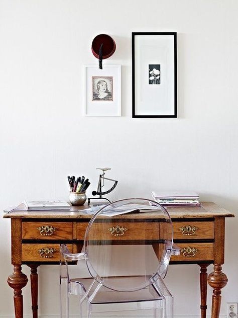 How to Blend Vintage and Modern Elements in a Remodeled Space | construction2style Louis Ghost Chair, Hamilton Watches, Desk Inspiration, Antique Desk, Decoration Inspiration, A Desk, Style At Home, Office Inspiration, Dream Decor