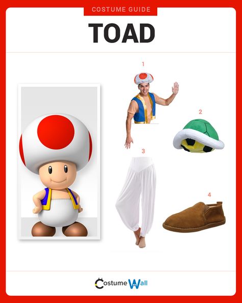 Get in the game to play the part of Toad, the loyal attendant to Princess Peach, from Nintendo's Super Mario Bros. Toad Mario Costume, Mario Character Costumes, Costume Mario, Mario Costumes, Mario Dress, Mario Bros Costume, Diy Nintendo, Super Mario Costumes, Toad Costume