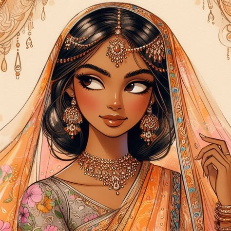 Indian Girl Illustration, Indian Girl Drawing, Stylised Portrait, Bride Fashion Illustration, Girl Face Drawing, Indian Art Gallery, Nose Drawing, Indian Woman