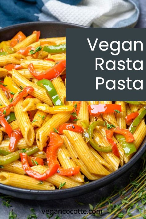 This vegan rasta pasta recipe will make your taste buds sing! It's a Jamaican-inspired dish full of flavor and made extra creamy without any dairy at all. Vegan Cocotte, Cocotte Recipes, Rasta Pasta Recipe, Vegan Burger Recipe, Vegan Italian Recipes, Rasta Pasta, Jamaican Dishes, Meat Free Recipes, Vegan Pasta Recipes