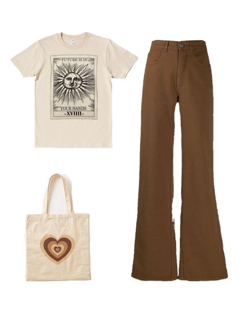 Basic Aesthetic Outfits For School, Brown Flared Jeans Outfit, Light Brown Trousers Outfit Women, Brown Pants Combination, Dark Brown Outfits For Women, Brown Clothing Style, Dark Brown Jeans Outfit, Outfit Ideas Brown Pants, Dark Brown Cargo Pants Outfit