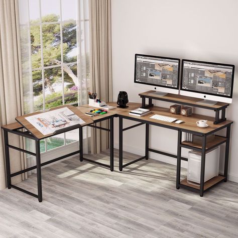 Both side of this double corner computer desk are the same length. 70.8’’ x 23.6’’ offer plenty of room to place monitors, printer, laptop or other essential accessories. Defining your workspace however you need. معطر جو, Desk With Monitor Stand, Desk With Monitor, Desk Diy, Corner Computer Desk, Drafting Table, Inbox Zero, Monitor Stand, Computer Table