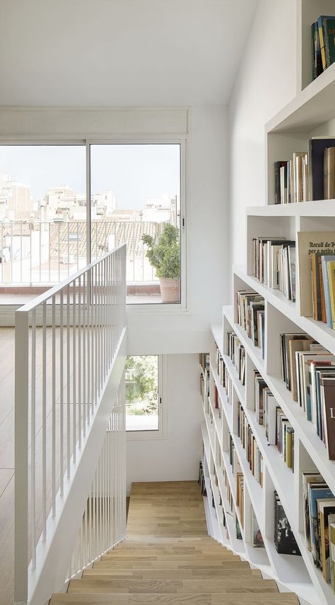 A Seaside Home Near Barcelona Gets a Bright Update With a Top-Level Library - Dwell Modern Staircases, Metal Railing, Seaside Home, Staircase Storage, Stone Farmhouse, Home Library Design, Home Stairs Design, Modern Staircase, Shelves In Bedroom