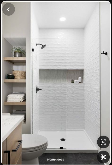 Bathroom Shower With Shelves, 3 Quarter Bathroom Ideas, Open Space In Bathroom Ideas, Shower With High Ceiling, Shelves Behind Shower Wall, White Subway Tile Bathroom Shower Design, Black Floor White Shower Bathroom, White Shower With Black Fixtures, 48” Shower