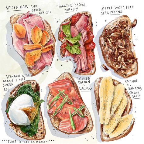 Healthy Toast Ideas, Food Sketches, Amber Day, Hummus Pasta, Toast Ideas, Healthy Toast, Recipe Drawing, Food Artwork, Food Sketch