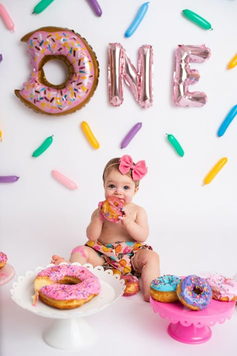 1st Birthday Donut Theme, First Birthday Donut, Donut Themed Birthday Party, Baby Birthday Photoshoot, Muncie Indiana, 1st Birthday Girl Decorations, 1st Birthday Party For Girls, 1st Birthday Pictures