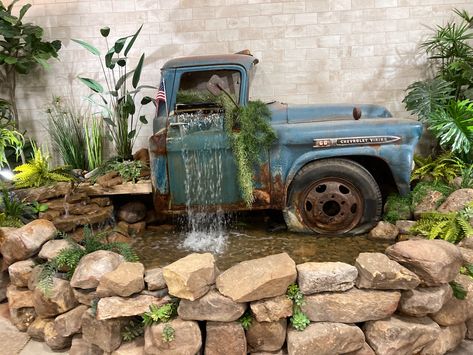 Truck Fountain, Old Trucks Yard Decor, Old Truck Fountain, Truck Waterfall, Backyard Fireplace Patio, Old Truck Flower Bed, Old Truck Waterfall Pond, Picnic Shelter, Acreage Landscaping