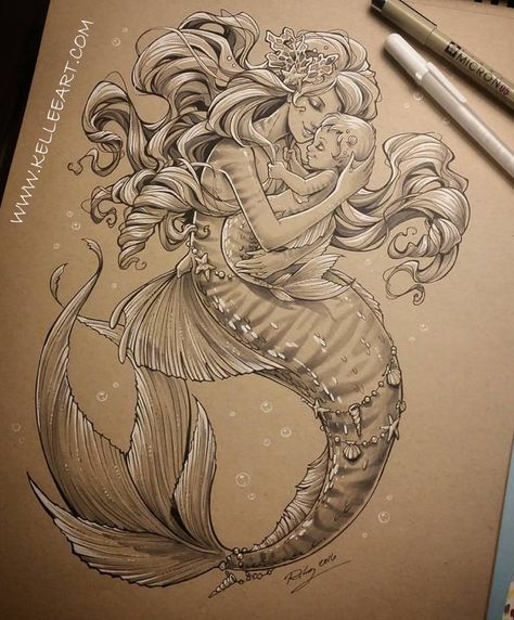 ArtStation - Mother and Baby mermaid, Kellee Riley Mermaid Tattoo Drawing, Tattoo Drawing Ideas, Baby Tattoo Designs, Otto Schmidt, Kunst Tattoos, Tattoo Zeichnungen, Mermaid Drawings, Mermaid Tattoo, Mermaid Tattoos