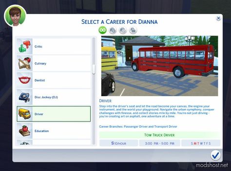 Driver Career for Sims 4 at ModsHost! I know there are several careers for drivers out there, but none of them I like. Now, I’m trying to create my own custom career. Hope you guys like it as I do. So, This is DRIVER CAREER by Rebunk Contains 2 Branches: Transport Driver (Courier Driver, Truck driver) Passenger Driver (Taxi Driver, School Bus... #sims #careers #gaming #videogames #sims4cc #mods Sims Careers, Sims4cc Mods, Tow Truck Driver, Drivers Education, Sims 4 Dresses, School Bus Driver, Car Mods, 4 Dresses, Taxi Driver