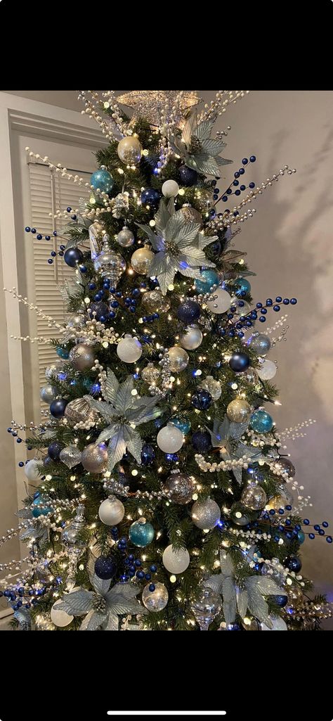 Jack Frost Christmas Tree, Corporate Christmas Tree Ideas, Navy Blue And Rose Gold Christmas Tree, Blue And Silver Christmas Tree Ideas Simple, Blue And Green Christmas Tree Ideas, Blue Gold Silver Christmas Tree, Teal And Silver Christmas Tree, Green And Blue Christmas Tree, Blue And Silver Christmas Tree Ideas