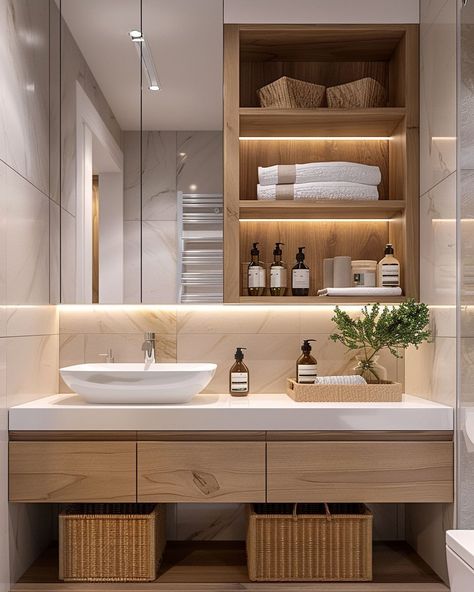 Elegant Bathroom Vanity, Modern Bathroom Ideas, Bathroom Aesthetics, Oak Bathroom, Bathroom Design Trends, Wooden Bathroom, Bathroom Inspiration Decor, Bathroom Design Luxury, Modern Bathroom Decor