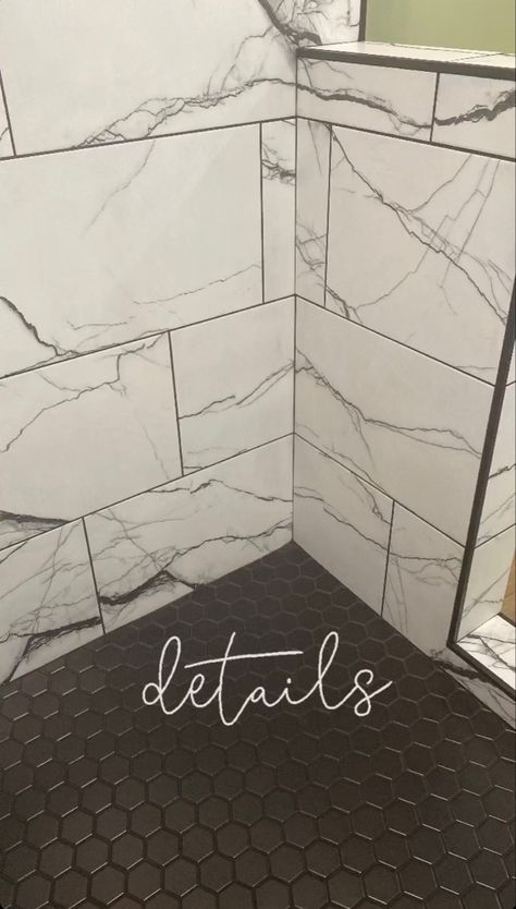 Marble Tile Shower Walls Black Floor, Black Marble Tile Shower Ideas, White Marble Shower Tile Black Floor, Black Tile Floor Shower Ideas, Marble Shower Dark Floor, Black And Grey Shower Tile, Black Tile Master Shower Ideas, Black Hexagon Tile Bathroom Showers, Grey And Black Tile Bathroom