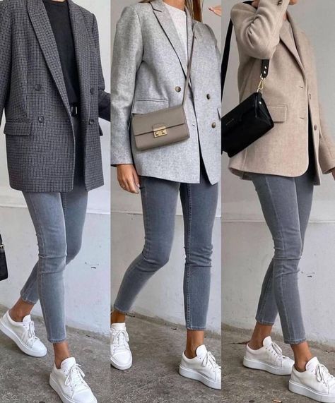 Grey Blazer Women, Comfy Jeans Outfit, Outfit Elegantes, Looks Jeans, Mode Casual, Business Outfit, Outfit Combinations, Blazer Outfits, Business Casual Outfits