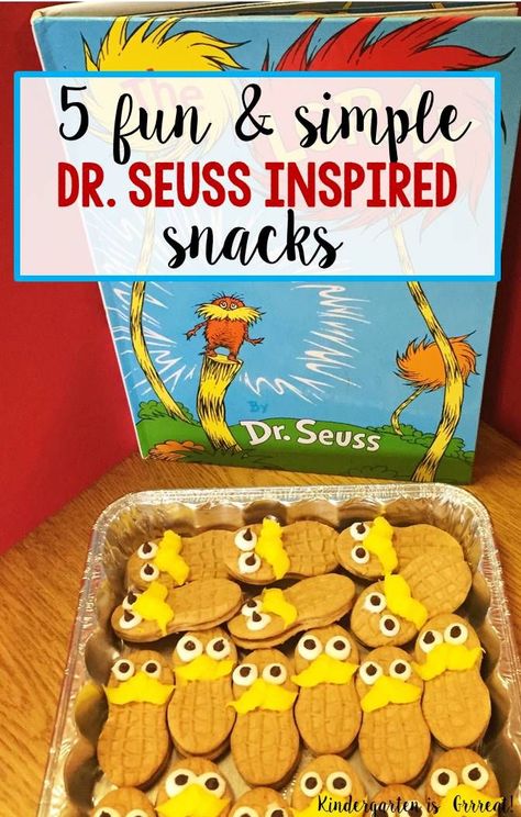 Here are 5 easy Dr. Seuss Snacks! These are great for Dr. Seuss baby showers, Dr. Seuss Birthday Parties, Read Across America Week, Dr. Seuss Week, and any educational event in the elementary school! Dr. Seuss inspired snacks for: The Cat in the Hat, Hop on Pop, One fish Two Fish, The Lorax, and Green Eggs and Ham! Check out number 4 – it is my favorite! Seuss Snacks, Dr Seuss Snacks, Snacks For School, Doctor Suess Birthday, Cat In The Hat Party, Dr Seuss Classroom, Ideas Birthday Party, Dr Seuss Activities, Dr Seuss Crafts