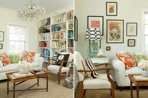 White-and-Orange-Living-Room-@LaylaGrayce Neutral Bedroom Design, Green House Design, Cool Bookshelves, Living Room Orange, Decor Ikea, Bookshelf Design, Coastal Living Rooms, Hallway Ideas Colour, Green Rooms