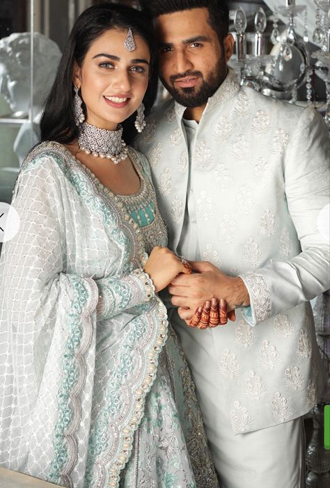 Engement Dress Indian, Sarah Khan Falak Shabir, Walima Dresses Pakistani Brides, Engagement Couple Dress, Falak Shabir, Engagement Dress For Groom, Wedding Matching Outfits, Engagement Dress For Bride, Sherwani For Men Wedding