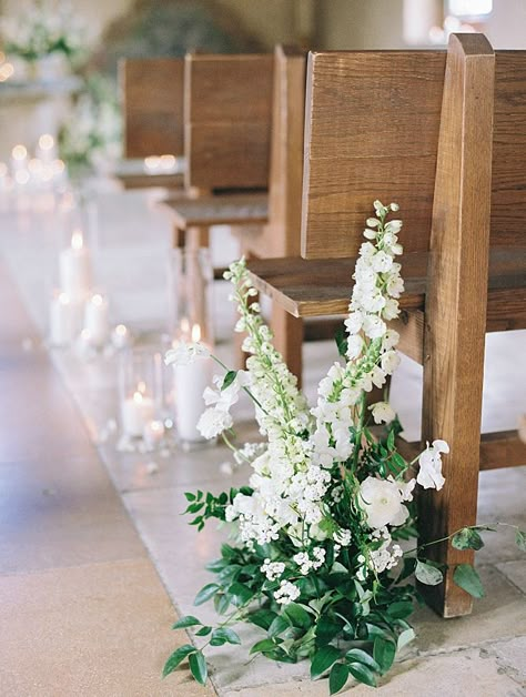 Wedding Aisle Simple Outdoor, Chapel Aisle Decor, Chapel Wedding Florals, Old World European Wedding, Wedding Aisle White Flowers, Church Florals Wedding, Wedding Chapel Flowers, Simple Wedding Church Decorations, Chapel Wedding Flowers