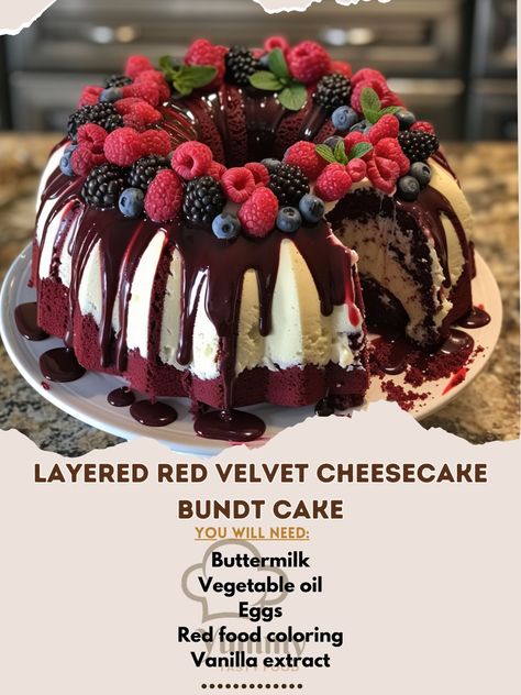 🍰🍫 Embrace elegance with a Layered Red Velvet Cheesecake Bundt Cake! Decadent, eye-catching, perfect for any celebration. #RedVelvetRevolution #CheesecakeLove Layered Red Velvet Cheesecake Bundt Cake Recipe This stunning cake features layers of rich red velvet and creamy cheesecake, all encased in a beautiful bundt shape. Ingredients: For the red velvet cake: All-purpose flour: 250g Sugar: 300g Unsweetened cocoa powder: 15g Baking soda: 5g Salt: 5g Buttermilk: 240ml Vegetable oil: 120ml E... Layered Red Velvet Cheesecake Bundt Cake, Bundt Cheesecake, Filled Bundt Cake Recipes, Cheesecake Bundt Cake, Cheesecake Mixture, Bunt Cake Recipe, Velvet Desserts, Mini Bundt Cakes Recipes, Christmas Bundt Cake