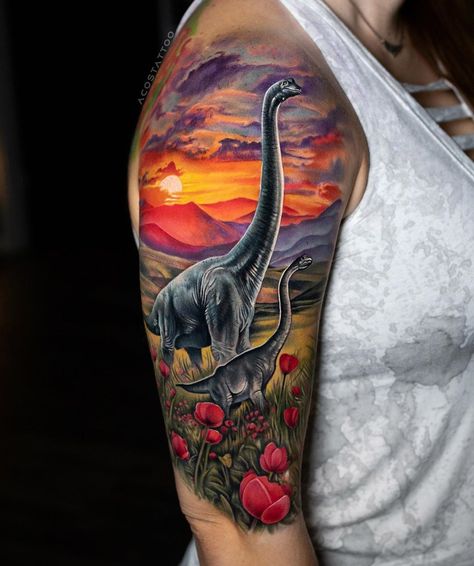 Brachiosaurus mom and baby by Andres Acosta, an artist at Exile Art Collective in Austin, Texas. Brachiosaurus Tattoo, Mandala Hip Tattoo, Jurassic Park Tattoo, Dinosaur Tattoo, Mujeres Tattoo, Abstract Tattoo Designs, Chrysanthemum Tattoo, Dinosaur Tattoos, Tattoo For Son