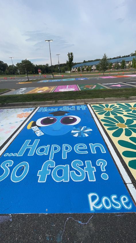 Parking Spot Designs, Senior Parking Spaces Disney, Senior Parking Lot Painting Ideas, Senior Parking Spaces Easy, Funny Senior Parking Space Ideas, Cute Parking Spot Painting Ideas, Highschool Parking Spot Ideas, Painted Parking Spaces Ideas, Parking Lot Painting