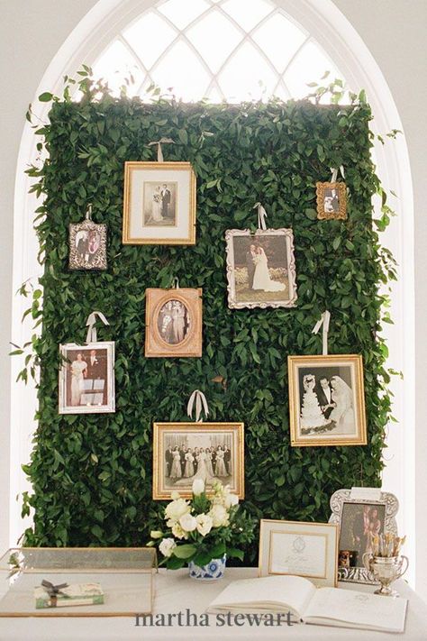 Wedding Photo Walls, Wedding Photo Display, Charleston Bride, Beautiful Engagement Photos, Greenery Wall, Family Wedding Photos, Family Photo Wall, Display Family Photos, Creative Wedding Photo