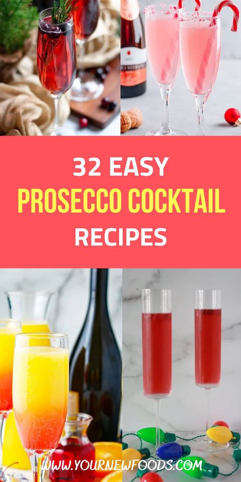 Cocktail Recipes With Prosecco! Make your party special with easy and fun cocktail recipes. Add the magic to any gathering with these drinks with prosecco. Check out these easy prosecco cocktail recipes like Kir Royale, Bellini, Prosecco Mimosa, and French 75. Learn how to make your favorite cocktail recipes with these easy-to-follow party cocktail recipes with prosecco Peach Prosecco Cocktail, What To Mix With Prosecco, Lamarca Prosecco Cocktail, Simple Prosecco Cocktails, Persecco Cocktails, Prosecco Drinks Easy, Drink Recipes With Prosecco, Drinks With Prosecco, Spring Drinks Cocktails