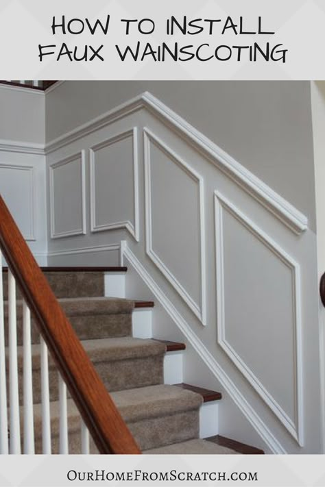 video tutorial on installing faux wainscoting in your home Staircase Molding, Staircase Paneling, Paneling Makeover, Box Trim, Stair Paneling, Wainscoting Stairs, Faux Wainscoting, Wainscoting Styles, Diy Wainscoting